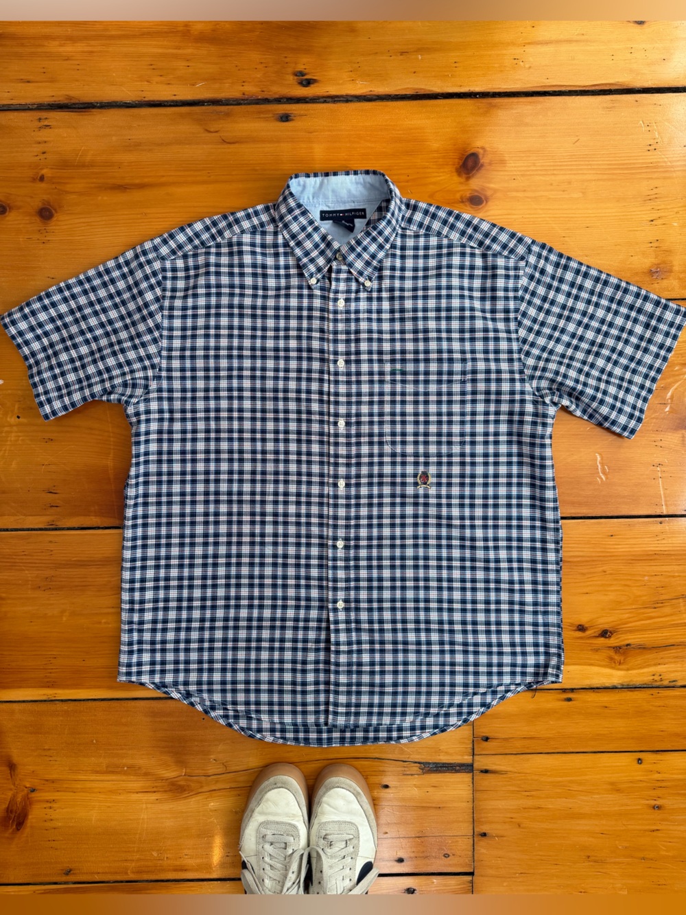 Vintage 90s Tommy Hilfiger Plaid Button Down Shirt XL Crest Logo